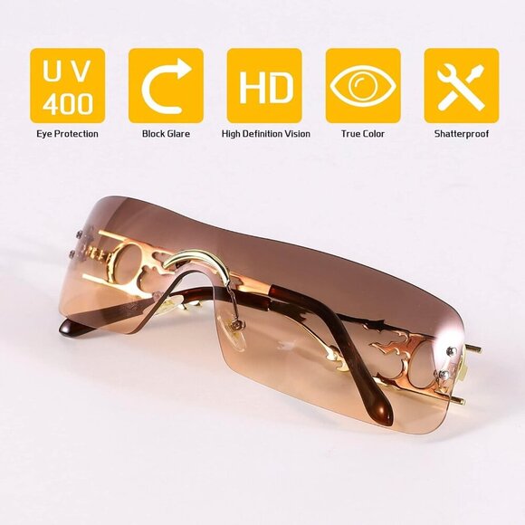 Women Y2k Sunglasses Rectangle Fashion Flame Metal Frameless Retro Eyewear Brown main image 5